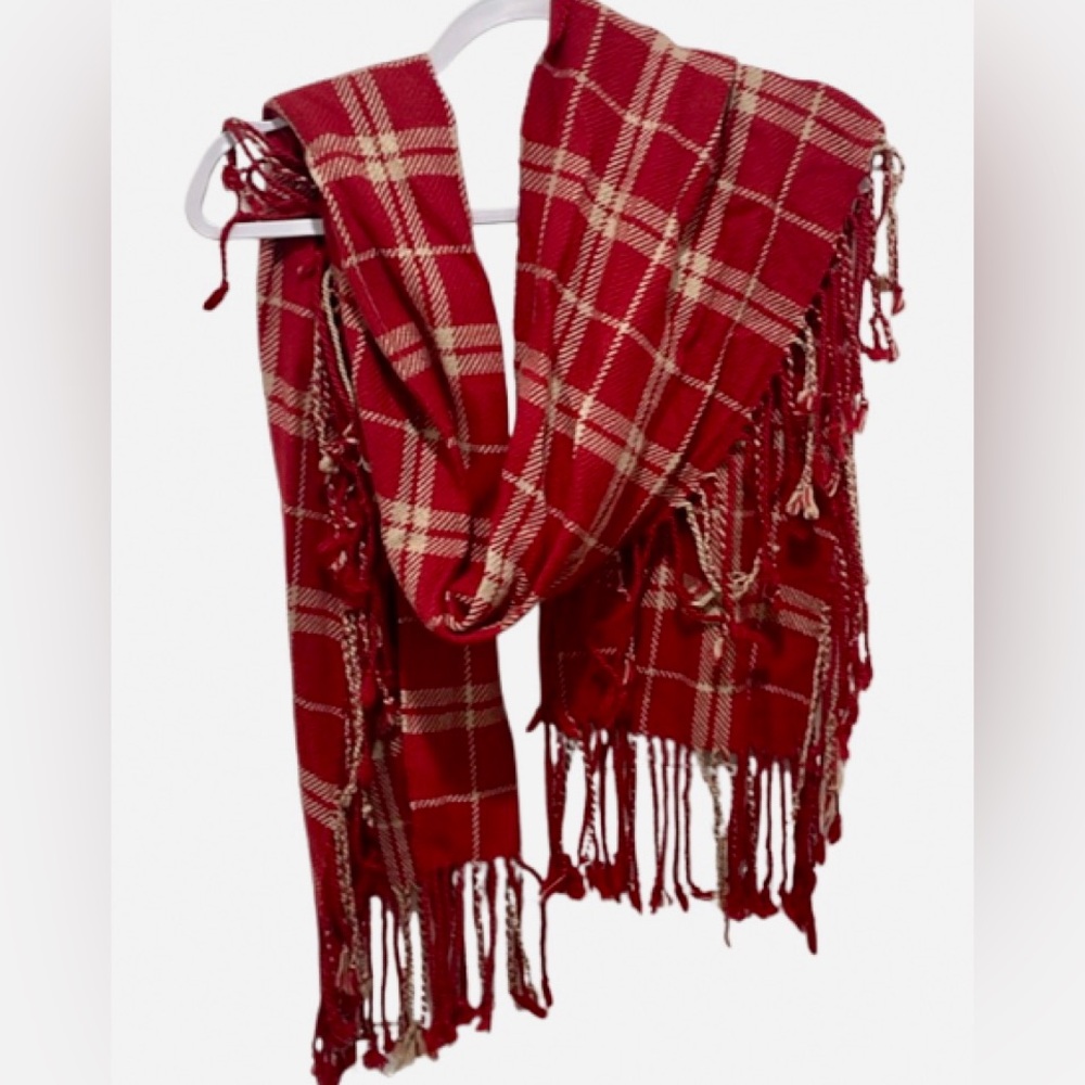 Banana Republic Red Plaid Fringe Wrap Scarf - Picture 2 of 5